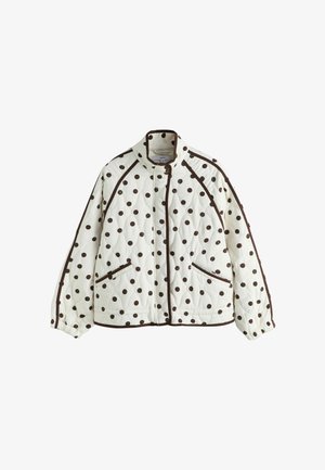 Gesteppte Jacke in Off-White mit braunen Punkten, mit hohem Kragen, vorderem Reißverschluss und zwei seitlichen Taschen mit braunem Rand.