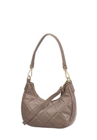 Laukku tikkauksella, taupe-värinen ja kaareva muoto. Valmistettu synteettisestä materiaalista, varustettu kultaisilla yksityiskohdilla ja irrotettavalla olkahihnalla.