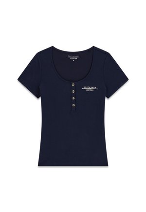 Marineblaues kurzärmeliges, geripptes Shirt mit Rundhalsausschnitt, vier Knöpfen vorne und „North Sails Guess“-Logo auf der linken Brust. Größe S.