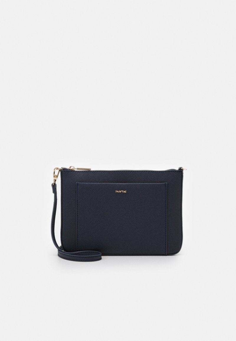Navy blue clutch made of textured synthetic material, featuring a gold zipper, front pocket, and detachable wrist strap.