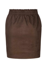 Brązowa zamszowa mini spódnica z elastycznym pasem. Gładka faktura, prosty design i długość powyżej kolan. Brak widocznych wzorów lub akcentów.