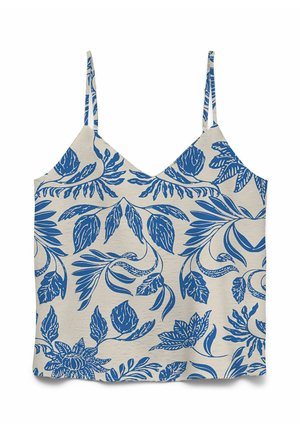 Beiges ärmelloses Crop-Top mit dünnen Trägern, versehen mit einem durchgehenden blauen botanischen Blatt- und Blumenmuster.