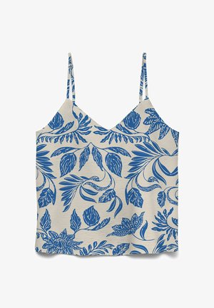 Beige mouwloos crop top met dunne bandjes, voorzien van een blauw botanisch blad- en bloemenpatroon over het hele oppervlak.