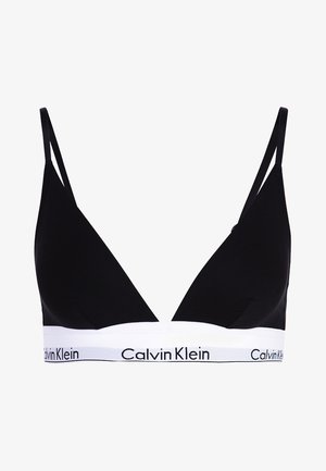 Zwarte driehoek BH van zachte stof, met dunne verstelbare bandjes en een brede witte band met het "Calvin Klein" logo.