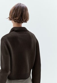Brauner gestrickter Pullover mit einem cropped Design, weitem Kragen und geripptem Saum. Strukturiertes Material mit sichtbaren Nähdetails.