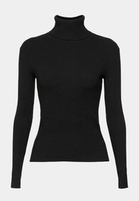 Pull noir côtelé à manches longues avec col roulé, silhouette ajustée et col montant, présenté sur un fond uni.