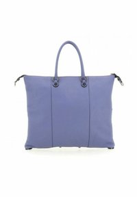 Paars leren tote bag met twee handgrepen, ritssluiting en platte vorm. Beschikt over twee ronde accenten op de handgrepen en een gladde textuur.