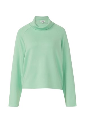 Jasnozielona koszula z długim rękawem, z luźnym golfem i swobodnym krojem.