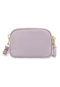 Borsa a mano in nylon viola con una texture liscia, accessori in tonalità oro e chiusura con zip; presenta una tracolla regolabile su un lato.