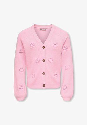 Rosa strikket cardigan med brune knapper, med flere små broderte smilefjes spredt over fronten og ermene.