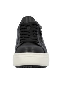 Black leather sneaker with black lace-up design, featuring a white rubber sole and side zip detail. Smooth texture, minimalistic style.