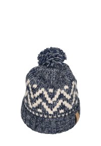 Knitted beanie in navy and white, featuring zigzag patterns, a textured finish, and a pom-pom on top; includes a small leather tag.
