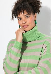 Maglione a collo alto a righe verdi e beige in tessuto a maglia con polsini a coste. Il modello indossa orecchini a cerchio verdi.