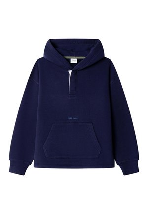 Donkerblauwe hoodie met voorzak, geribde boorden, een verborgen gedeeltelijke rits onder de capuchon en een "PEPE JEANS"-logo aan de voorkant.