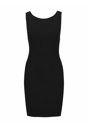Abito bodycon nero a costine con scollo rotondo e design senza maniche, caratterizzato da una silhouette aderente e una texture morbida.