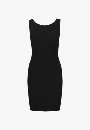 Abito bodycon nero a costine con scollo rotondo e design senza maniche, caratterizzato da una silhouette aderente e una texture morbida.