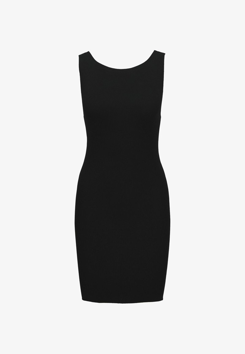 Abito bodycon nero a costine con scollo rotondo e design senza maniche, caratterizzato da una silhouette aderente e una texture morbida.