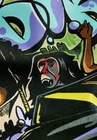 Värgglad grafisk tryck med en stiliserad apa med röda accenter, mot en svart bakgrund med abstrakta former i blått och grönt.