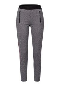 Pantalons de sport à motifs noir et blanc avec une large ceinture noire, deux poches zippées et des accents rouges sur les côtés. Conception ajustée avec des jambes fuselées.