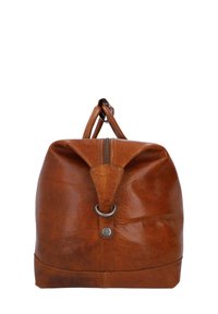 Brun læderrygsæk med rullet top, metallynlås og et rundt sølvhardware-tilbehør. Glat overflade med subtile naturlige variationer.