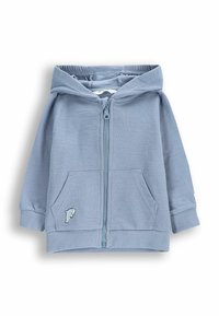Jasnoniebieska bluza z kapturem zapinana na zamek, wykonana z teksturowanej tkaniny, z kieszenią typu kangaroo, ściągaczami przy mankietach i u dołu, z małym wyszywanym logo ryby na kieszeni.