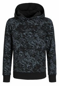 Sweat à capuche texturé noir et gris avec poche kangourou et texte discret "CORE" sur la poitrine, avec poignets et ourlet côtelés.