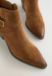 Stivaletti in suede marrone con punta affilata, tacco basso e dettaglio in oro con fibbia. Texture morbida con dettagli di cucitura sul gambale.
