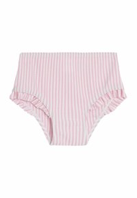 Lys pink stribet bikini underdel med flagrende kanter og høj talje. Lavet af blødt, strækbart materiale for komfort.