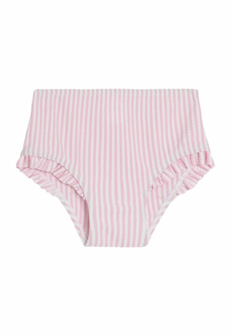 Lys pink stribet bikini underdel med flagrende kanter og høj talje. Lavet af blødt, strækbart materiale for komfort.