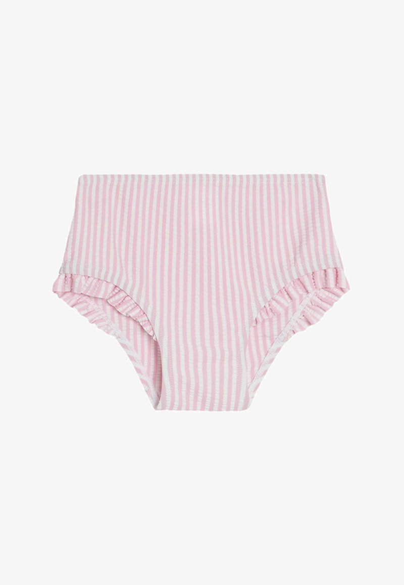 Bas de bikini rayé rose clair avec des bords volants et une taille haute. Fabriqué en matériau doux et extensible pour plus de confort.