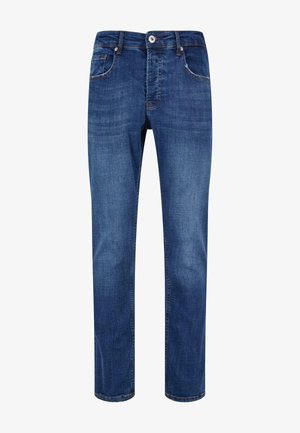 Jeans in denim blu scuro con un design a taglio dritto, dotati di cinque tasche, leggere sfumature e una classica chiusura a bottoni e zip.