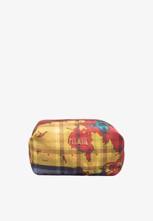 Bustina compatta in tessuto con stampa di mappa gialla, rossa e blu e logo dorato "T'CLASSE" centrato sul fronte.