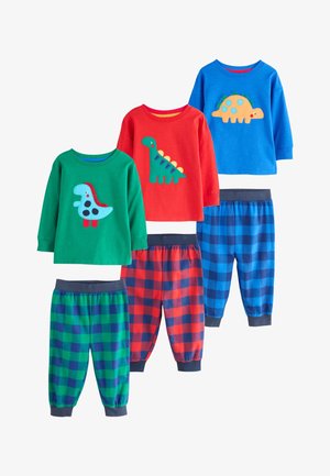 Trzy zestawy piżam dla maluchów z bluzkami z dinozaurami w kolorach zielonym, czerwonym i niebieskim, połączone z pasującymi spodenkami w kratkę w tych samych kolorach.
