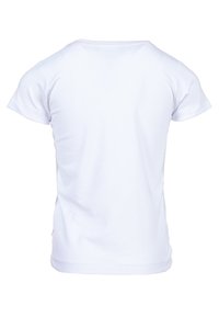 White short-sleeve t-shirt with a round neck, made of smooth cotton fabric; plain back with no designs or patterns.