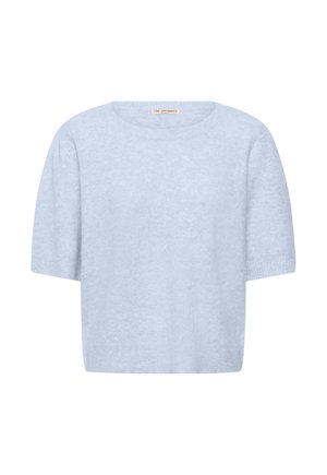 Hellblauer Pullover mit kurzen Ärmeln aus weichem, strukturiertem Strickstoff. Verfügt über einen Rundhalsausschnitt und eine lockere Passform.