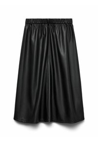 Zwarte, geplooide rok van faux leer met een elastische tailleband, met een gladde textuur en een knielange snit.