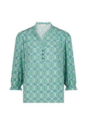Langarmbluse mit grün-blauem, rundem Blumenmuster, gerafften Manschetten, V-Ausschnitt mit drei Knöpfen und Kragen-Detail.