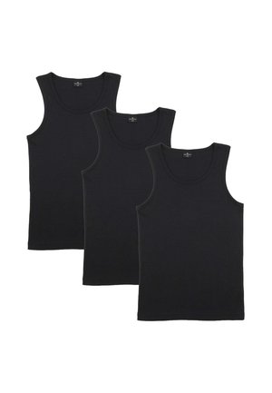 Drei schlichte schwarze ärmellose Tanktops, überlappend auf weißem Hintergrund angeordnet.