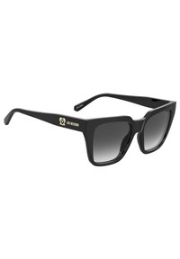 Black square sunglasses with gradient gray lenses. Features gold "Love Moschino" logo on the side. Sleek plastic frame with a matte finish.