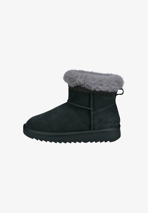 Black suede ankle boots featuring a gray faux fur collar, flat rubber sole with a zigzag pattern, and a small pull tab at the back.