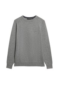 Helles graues Rundhals-Wollmischpullover. Verfügt über gerippte Bündchen und Saum sowie ein kleines Logo auf der Brust. Weiche Textur.