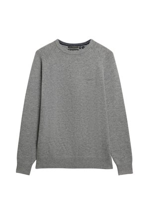 Lys grå crewneck sweater lavet af uldblanding. Har ribbede manchetter og afslutning, samt et lille logo på brystet. Blød tekstur.
