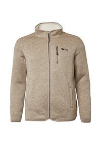 Veste en polaire beige zippée avec un col montant, deux poches latérales et une poche poitrine. Tissu texturé avec un motif subtil.