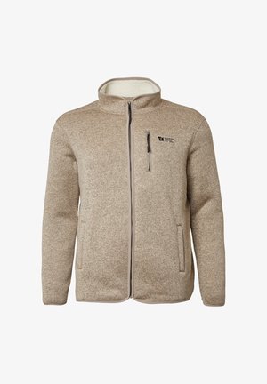 Beige Fleece-Jacke mit Reißverschluss, hohem Kragen, zwei seitlichen Taschen und einer Brusttasche. Strukturierter Stoff mit dezentem Muster.