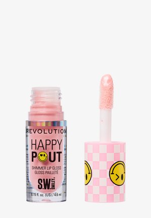 Gloss à lèvres rose scintillant avec un capuchon à carreaux rose orné de visages souriants jaunes, étiquette portant les inscriptions "Happy Pout" et "S.W. Smiley."