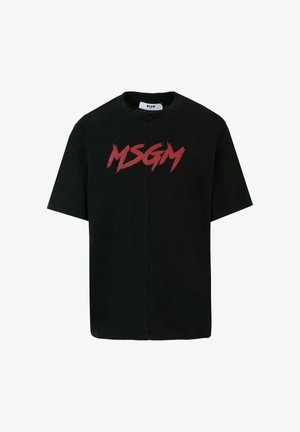 Czarny t-shirt z krótkim rękawem wykonany z bawełny, z wyraźnym czerwonym logo "MSGM" nadrukowanym z przodu w stylu pędzla.