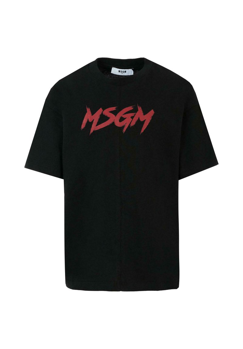 Zwart T-shirt met korte mouwen van katoen, met een gedurfde rode "MSGM"-logo gedrukt aan de voorkant in een penseelstreeklettertype.