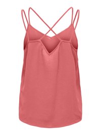 Lichtrode mouwloze top van een textuurstof, met een V-halslijn en kruislings verstelbare banden op de rug.