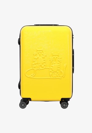 Bright yellow hard-shell suitcase with four wheels and embossed design of two stylized cats sitting side by side.