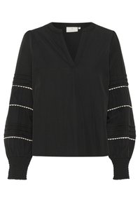 Schwarze Bluse mit V-Ausschnitt, langen Puffärmeln mit weißem gewelltem Saum und vertikalen Falten, aus leichtem Stoff gefertigt.